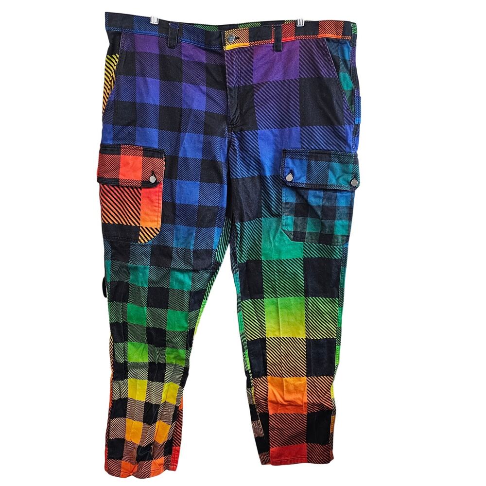 BruceGlen Mens Rainbow Gingham Plaid Cargo Pants Patchwork Multicolor Size 42